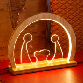 26cm Natural Wood and PVC Nativity with base, Design Wood Lights, Warm White Leds