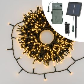 Catena 25 m di luci bianco caldo, pannello solare, trasformatore e portabatterie inclusi