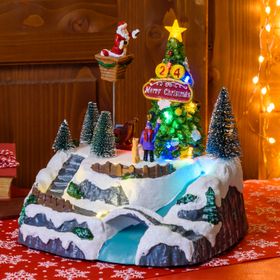 Christmas Village, Christmas Tree with (moving) Santa decorating it, h 22 cm, with Christmas Music
