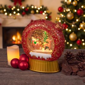 Golden Red Christmas Lantern, Flat Globe Design, Sparkling Glitter, 20 cm Height, Christmas Music, Warm White LED