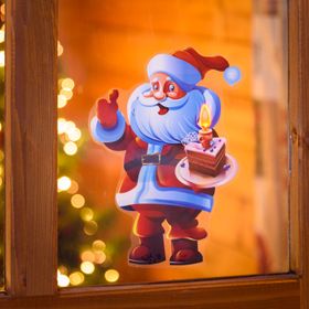 Vetrofania Natalizia a batteria, Babbo Natale con dolce con timer, 25 cm