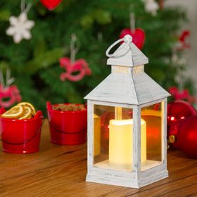 Lanterna bianco antico con candela, led bianco caldo (24 cm)