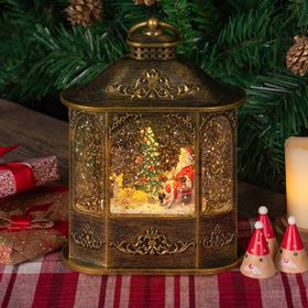 Golden Brown Hexagonal Lantern, Sparkling Glitter, 21 cm Height, Christmas Music, Warm White LED