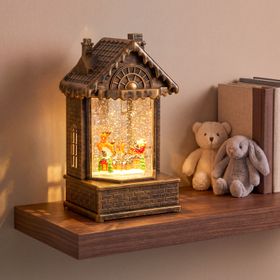 Golden Brown Christmas Little House, Sparkling Glitter, 19.5 cm Height, Christmas Music, Warm White LED