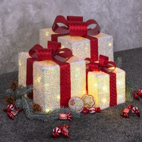 Set aus 3 leuchtenden 3D-Geschenkpaketen aus irisierendem Gewebe, warmweiße LEDs, für Innenbereich