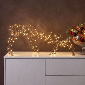 3D Brown Reindeer with baby reindeer, 25 cm high, 150 warm white MicroLEDs, brown metal wire, for indoor use