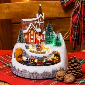 Christmas Village, Santa and Dog, miniature Train in Tunnel, h 21.5 cm, with Christmas Music