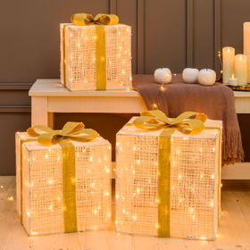 3D Light Cream & Brown 3er Set Geschenkpakete, h 40/35/30 cm, 120 LEDs Extra Warmweiß