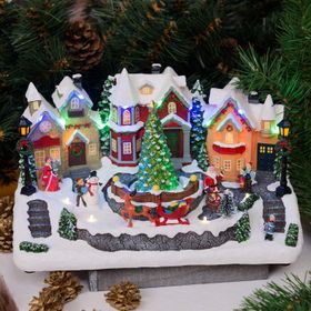 Pueblo de Navidad, Paisaje nevado con personajes y Árbol de Navidad giratorio, h 18 cm, villancicos