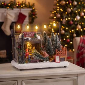 Village de Noël, Échoppe de sapins de Noël, h 14 cm, LED blanc chaud