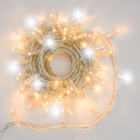Guirnalda profesional, 96 maxi led blanco cálido con destellos blanco frío, cable transparente