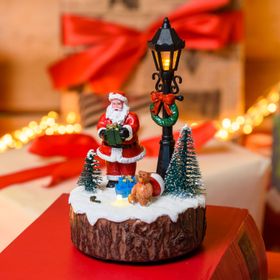 Polyresin Christmas Village, Santa with Street light and Trees, h 15 cm, Multicolor LEDs