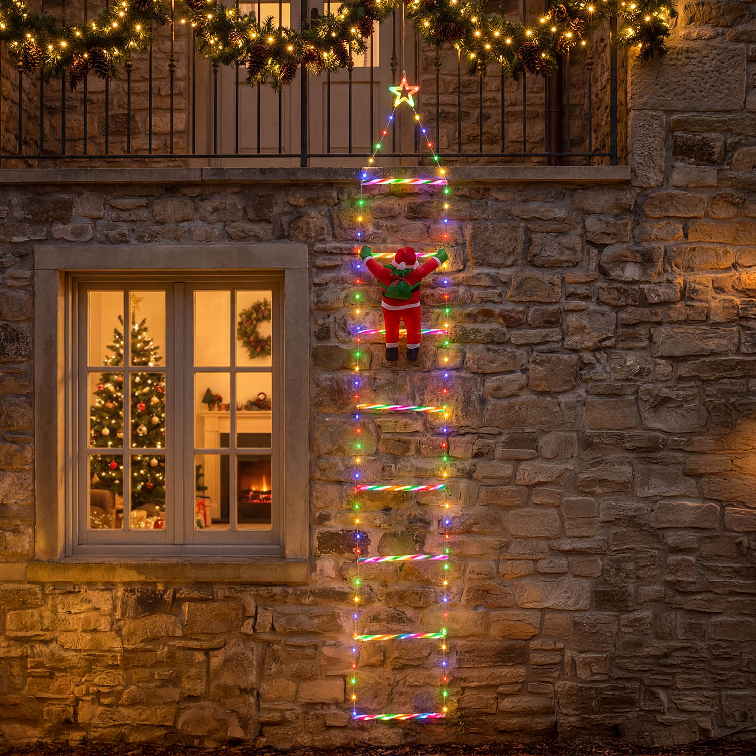 Babbo Natale su scala luminosa, h 200 cm, Dual LED bianco caldo e multicolor 2