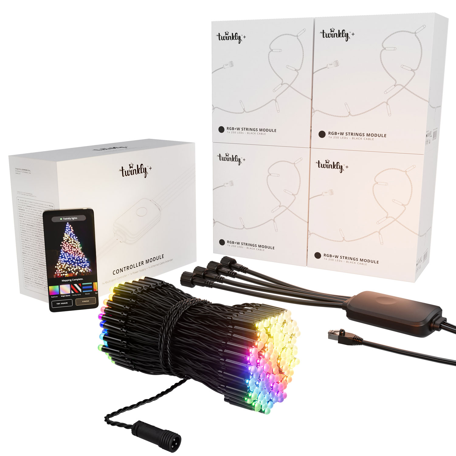 4 Twinkly Plus Lichterketten 25 m, RGB und warmweiß und WiFi Ethernet Controller 4 Twinkly Plus Lichterketten 25 m, RGB und warmweiß und WiFi Ethernet Controller