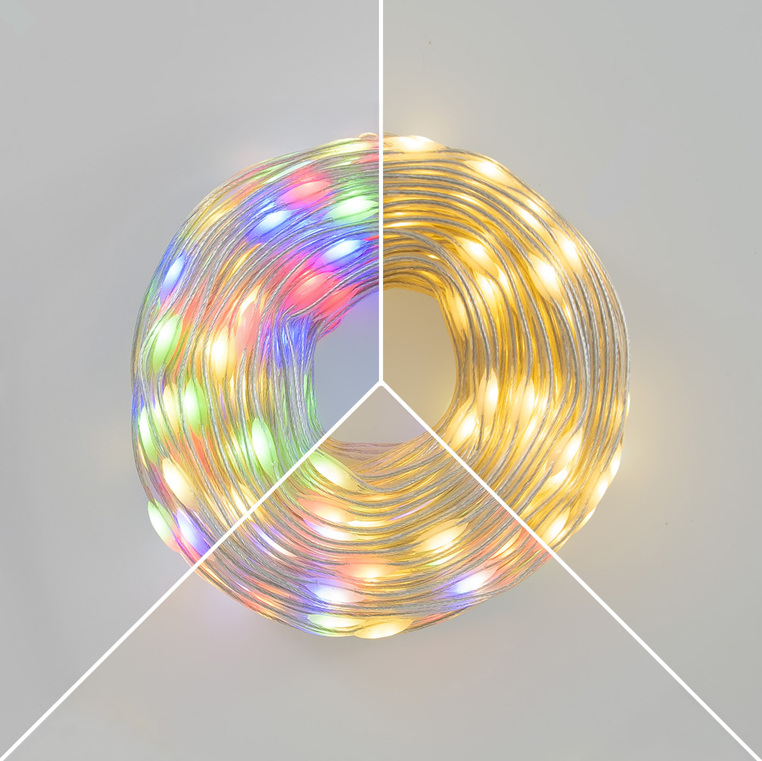 Catena 20 m, 200 Gocce di Luce Dual Color, led bianco caldo e multicolor, cavo trasparente