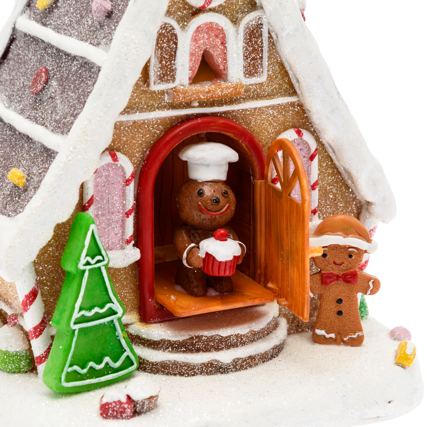Village de Noël, Maison en pain d'épice avec porte qui s'ouvre et se ferme, h 18 cm, musiques de Noël 4 Village de Noël, Maison en pain d'épice avec porte qui s'ouvre et se ferme, h 18 cm, musiques de Noël 4