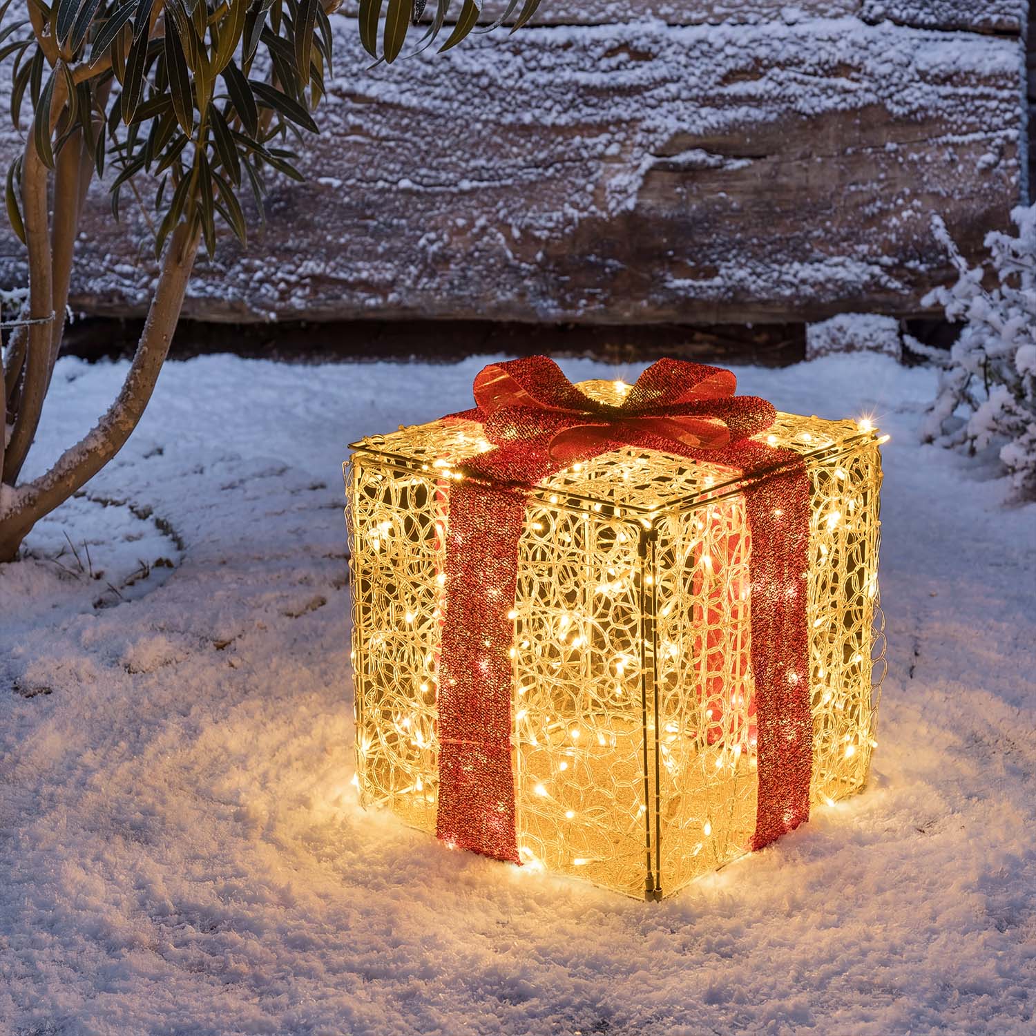 Pacco regalo 3D in acrilico trasparente, h 40 cm, 200 Dual LED bianco caldo e freddo