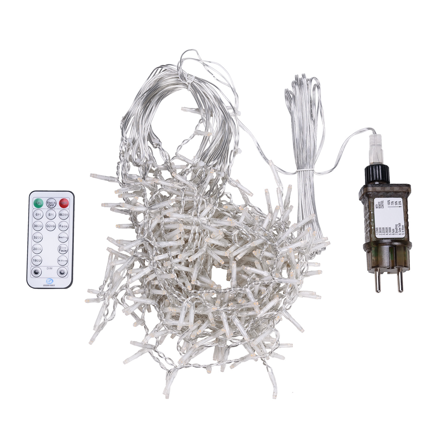 Stalattite 3,4 x h 0,8 m, 384 miniled bianco caldo e bianco extra caldo, cavo trasparente 3