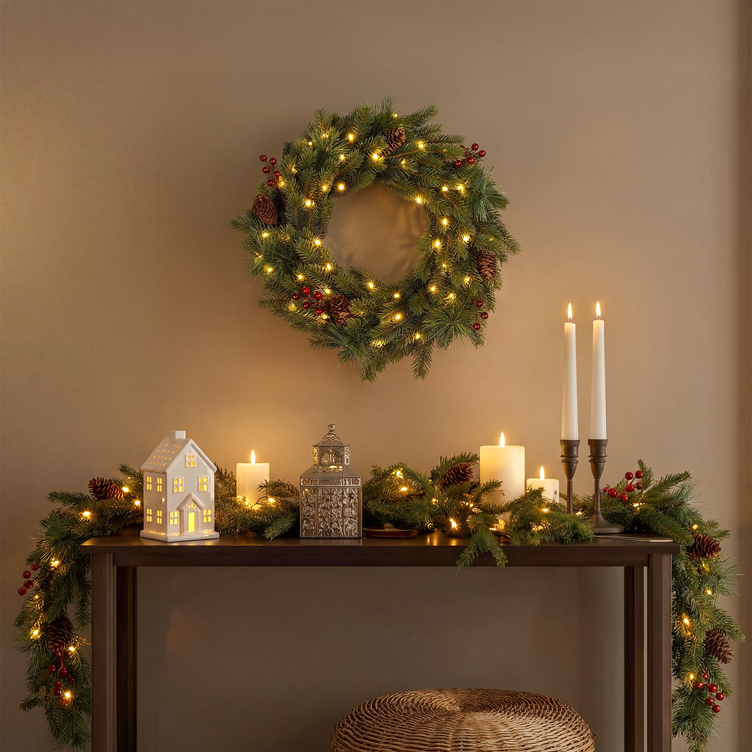 Alpino-Tannenkranz mit Batterie Ø 40 cm, 50 integrierte warmweiße LEDs