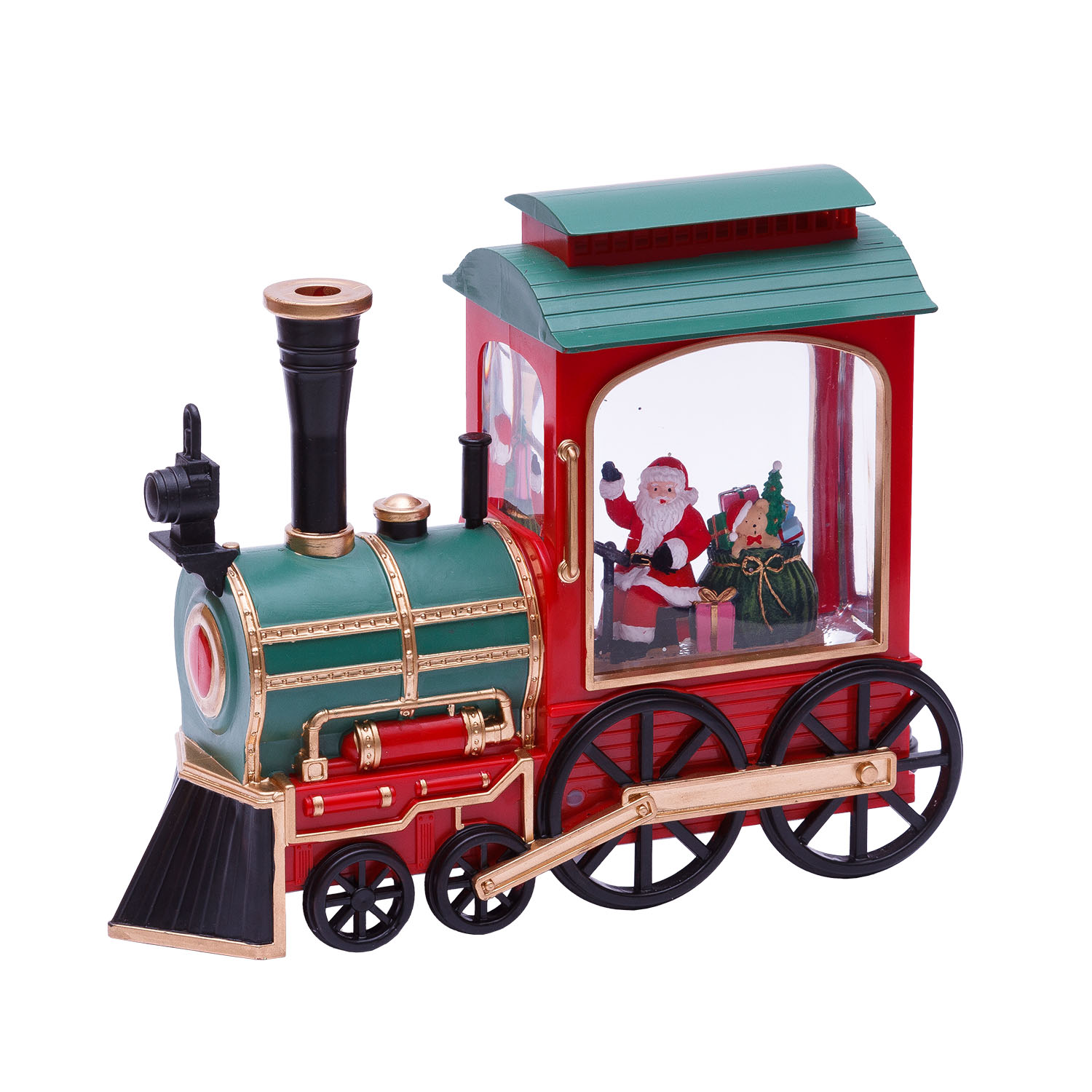 Locomotiva Verde-Rosso-Oro, glitter scintillanti, h 20 cm, musiche natalizie, led bianco caldo 2