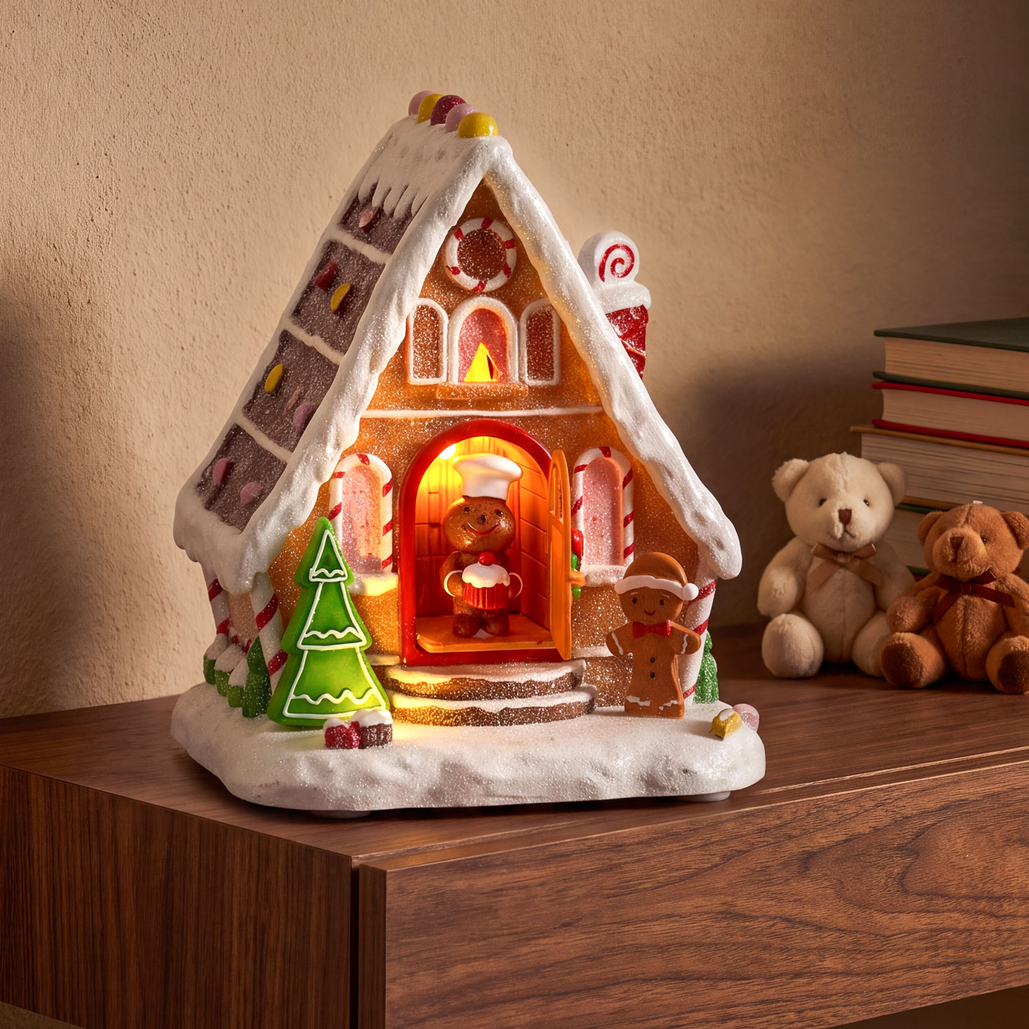 Pueblo de Navidad, Casa de Mazapán con puerta que se abre y se cierra, h 18 cm, villancicos