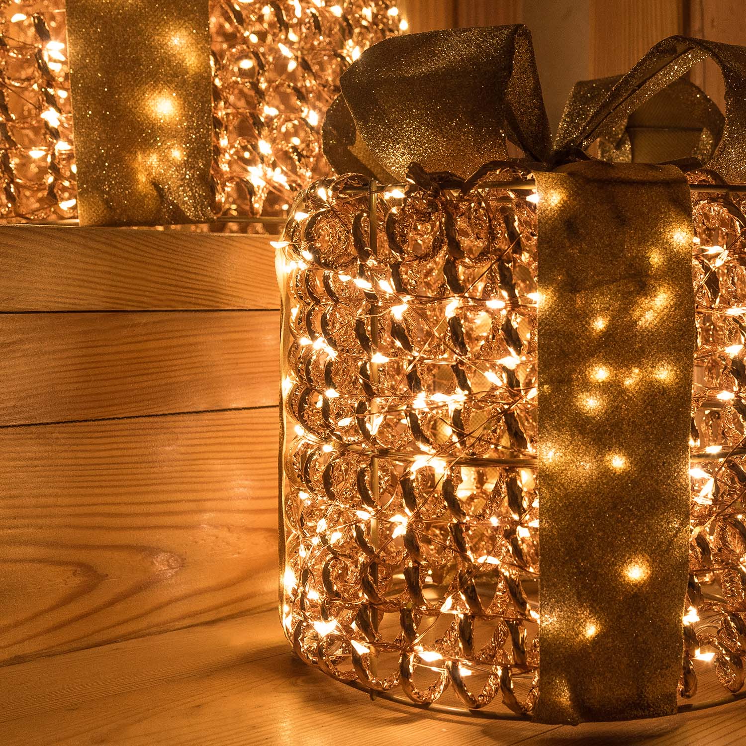 Set 3 Pacchi Regalo 3D Rose Gold, filo a spirale, forma cilindrica, led bianco caldo 7