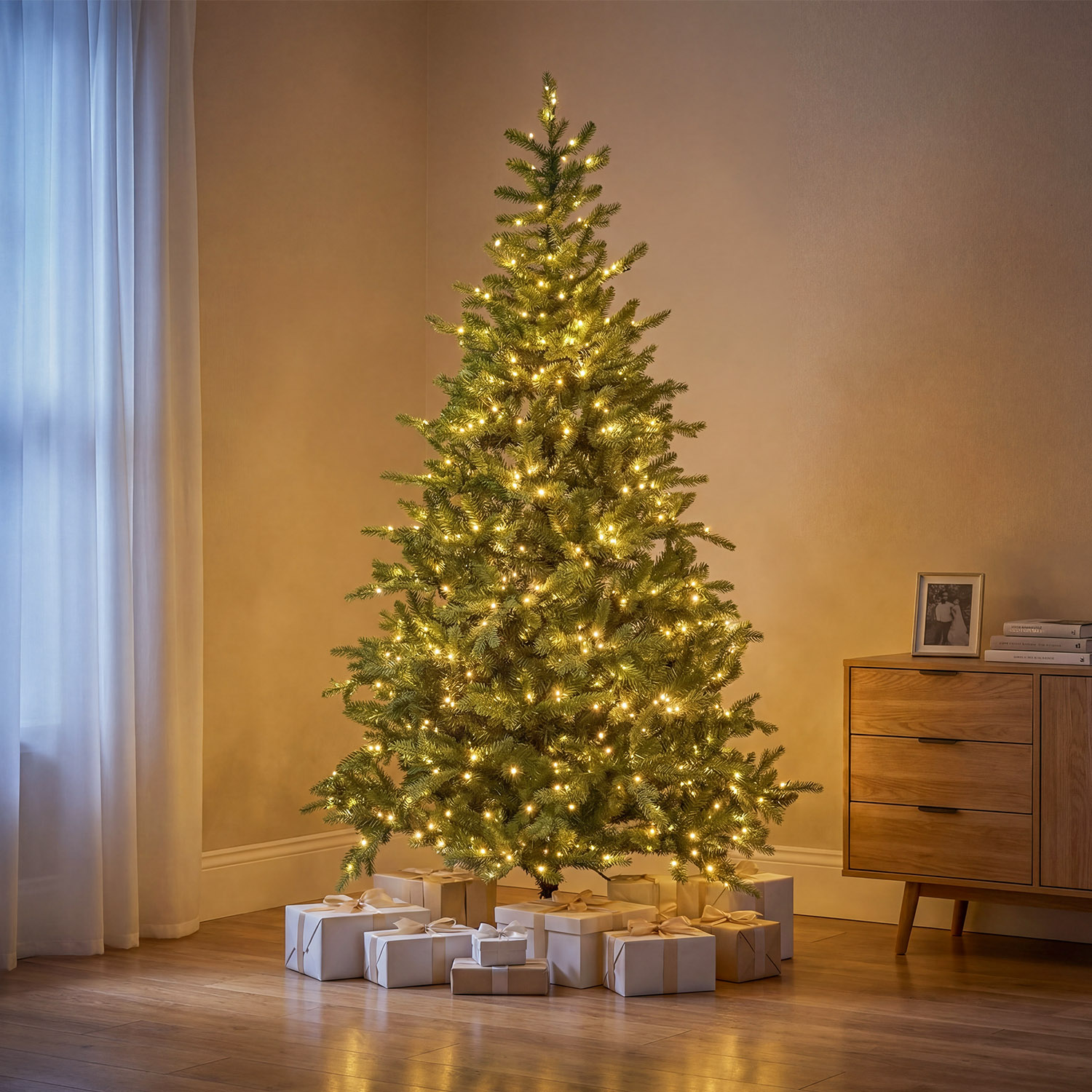 Alpino artificial pine Tree 210 cm, 1000 warm white integrated LEDs, high density