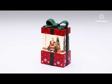 Lanterne Paquet Cadeau rouge avec paillettes scintillantes, h. 19 cm, LED blanc chaud, musiques de Noël 2