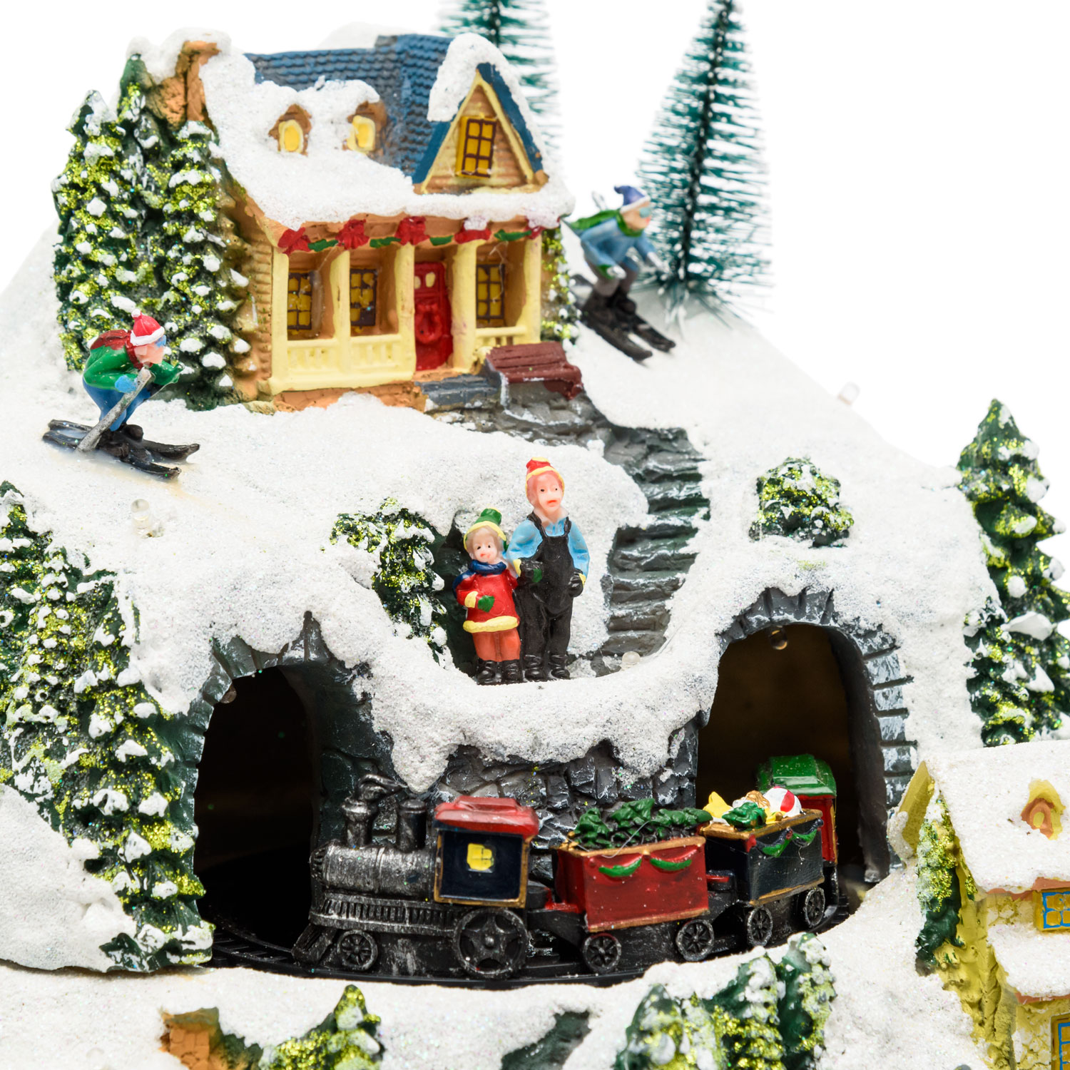 Pueblo de Navidad nevado con Trenecito, Árbol y Tiovivo giratorios, h 31 cm, villancicos 4 Pueblo de Navidad nevado con Trenecito, Árbol y Tiovivo giratorios, h 31 cm, villancicos 4
