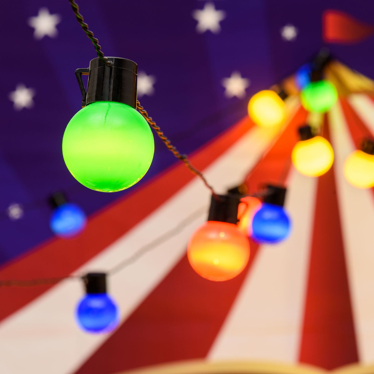 10m Festoon Lights, 20 Ø 50mm Multi Coloured Bulbs, Warm White LED 2 10m Festoon Lights, 20 Ø 50mm Multi Coloured Bulbs, Warm White LED 2