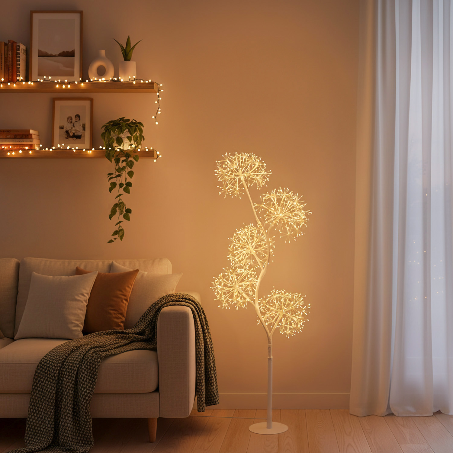 White Tree, Branch with 5 RICCO spheres, h 1,2 m, 1200 warm white microLEDs, indoor