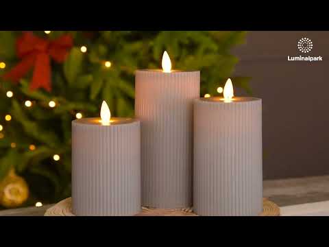 Set 3 candele grigio marrone a coste in cera, fiamma in movimento 2