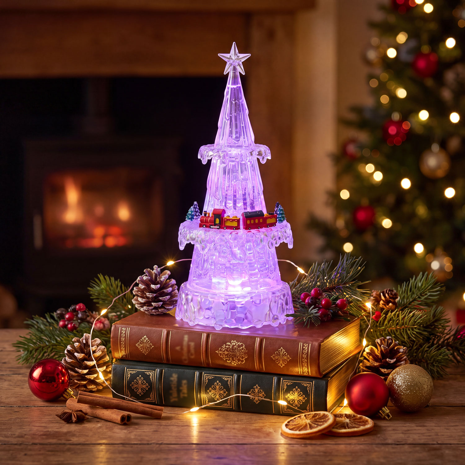 Sapin de Noël Glaçé Acrylique avec petit train, à piles, led RGB aux couleurs changeantes