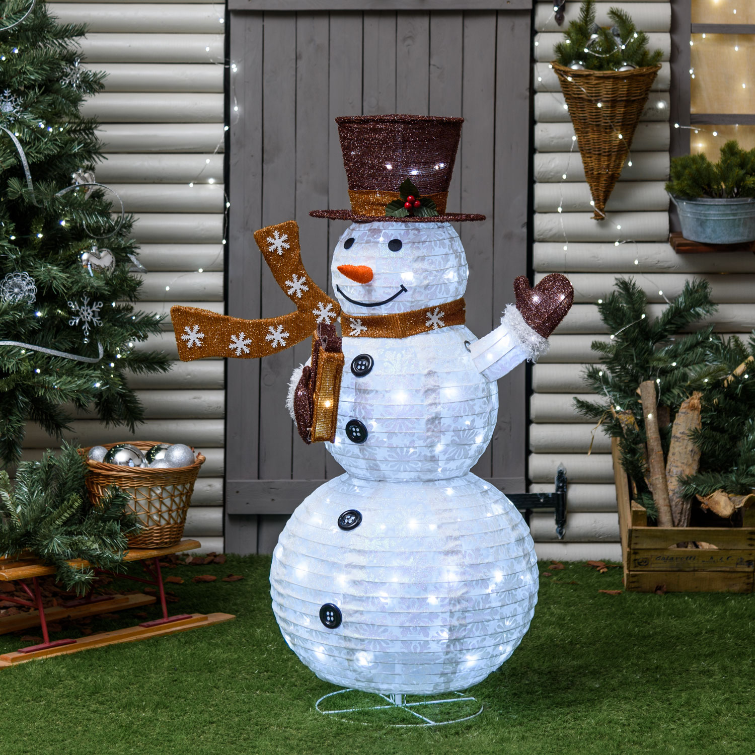 Faltbarer Schneemann, h. 125 cm, aus Kunststoff, 120 kaltweiße LEDs Faltbarer Schneemann, h. 125 cm, aus Kunststoff, 120 kaltweiße LEDs