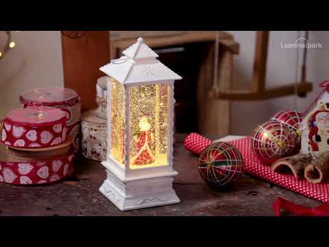 Farol navideño Papá Noel con bastón y arbolito, blanco envejecido, led blanco cálido 2 Farol navideño Papá Noel con bastón y arbolito, blanco envejecido, led blanco cálido 2