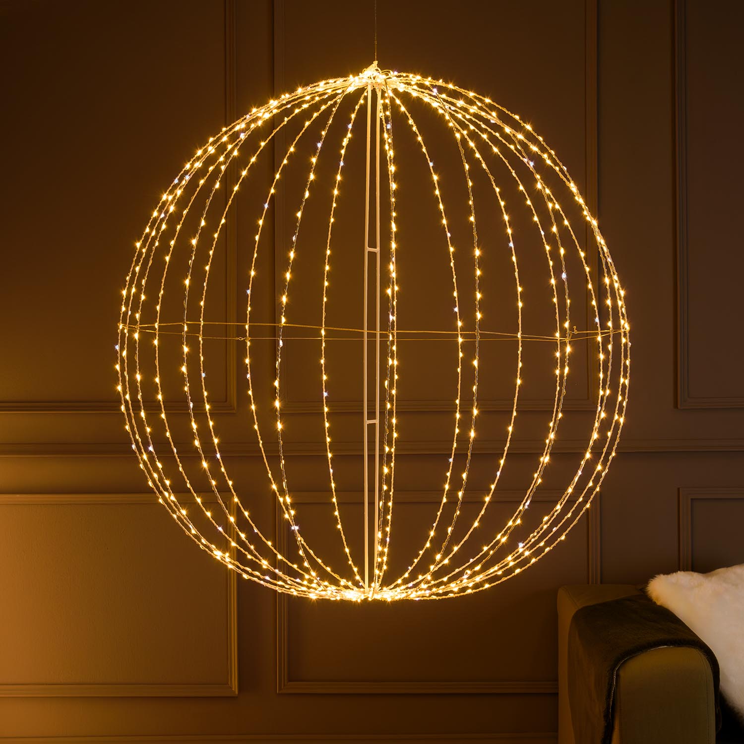 Sphäre Weiß, faltbar 3D, Ø 94 cm, 920 Micro-LEDs warm- und kaltweiß Sphäre Weiß, faltbar 3D, Ø 94 cm, 920 Micro-LEDs warm- und kaltweiß