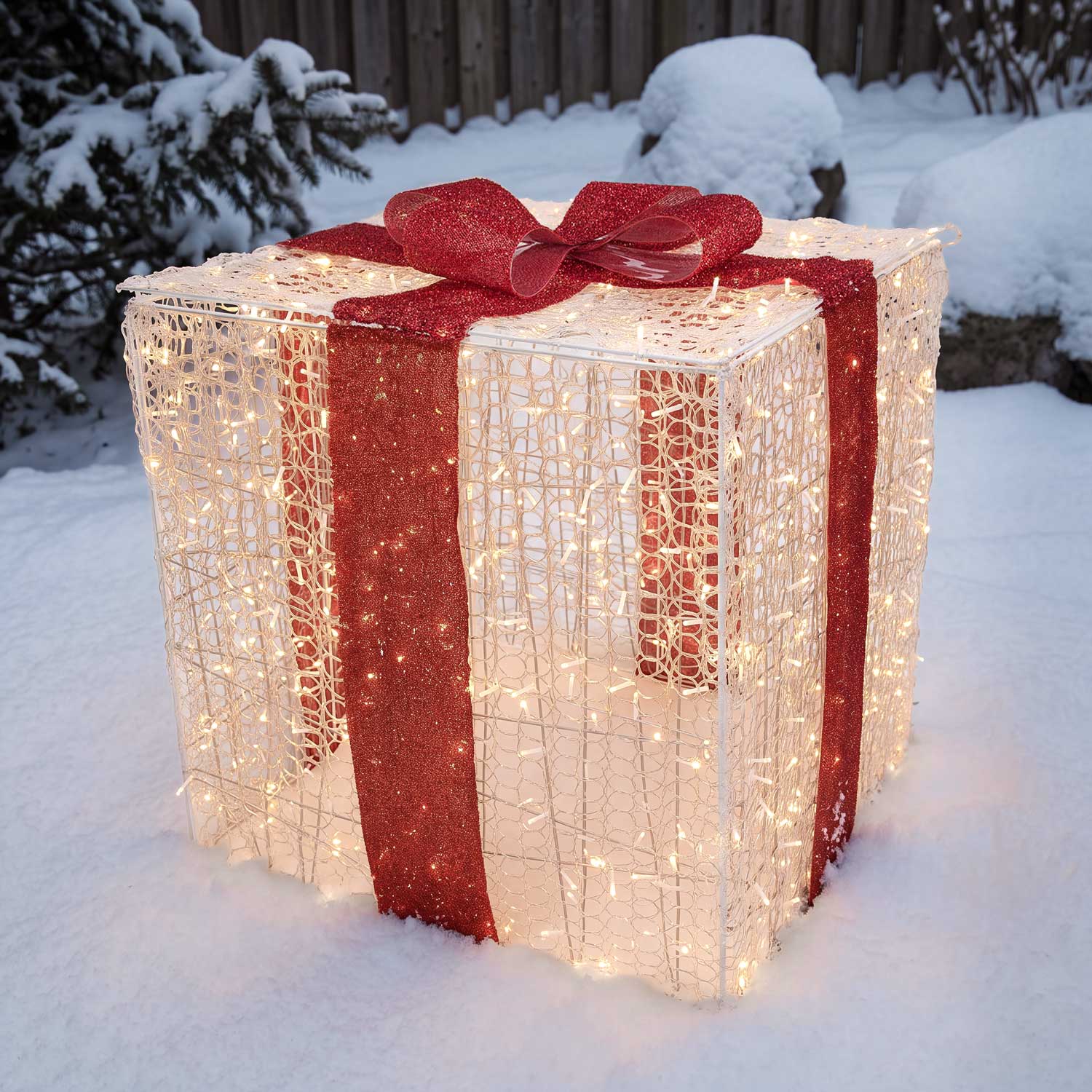 Paquet cadeau 3D en acrylique transparent, h 85 cm, 1000 Dual LED blanc chaud et blanc froid 12