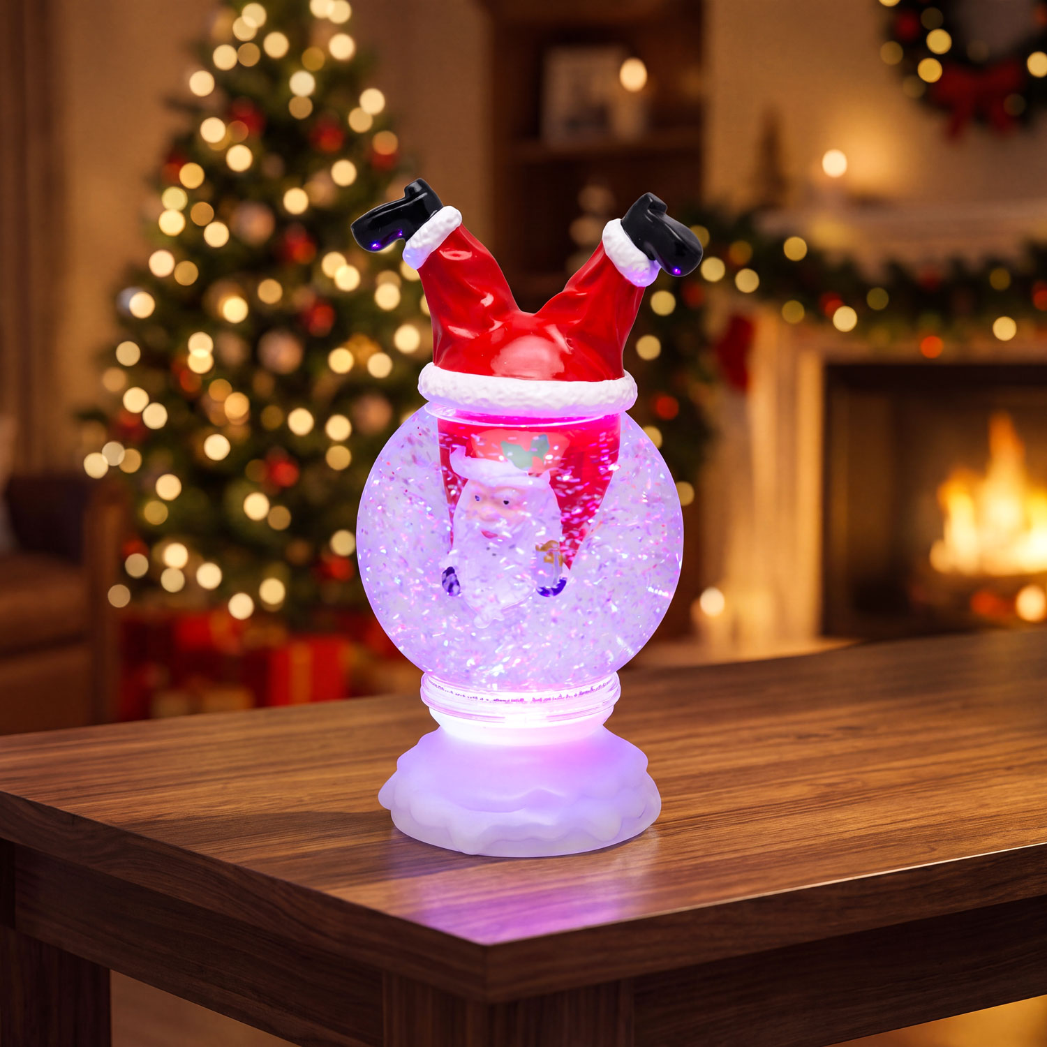 Sfera con Babbo Natale capovolto, led RGB cambiacolore