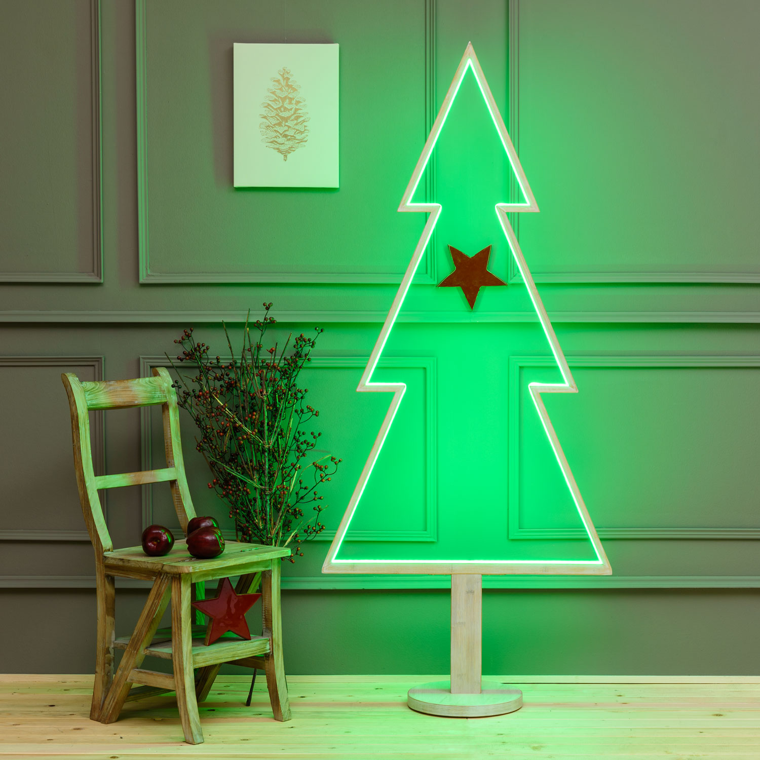 Sapin de Noël avec base en bois blanchi, 170 cm, led RGB et Blanc Chaud Sapin de Noël avec base en bois blanchi, 170 cm, led RGB et Blanc Chaud
