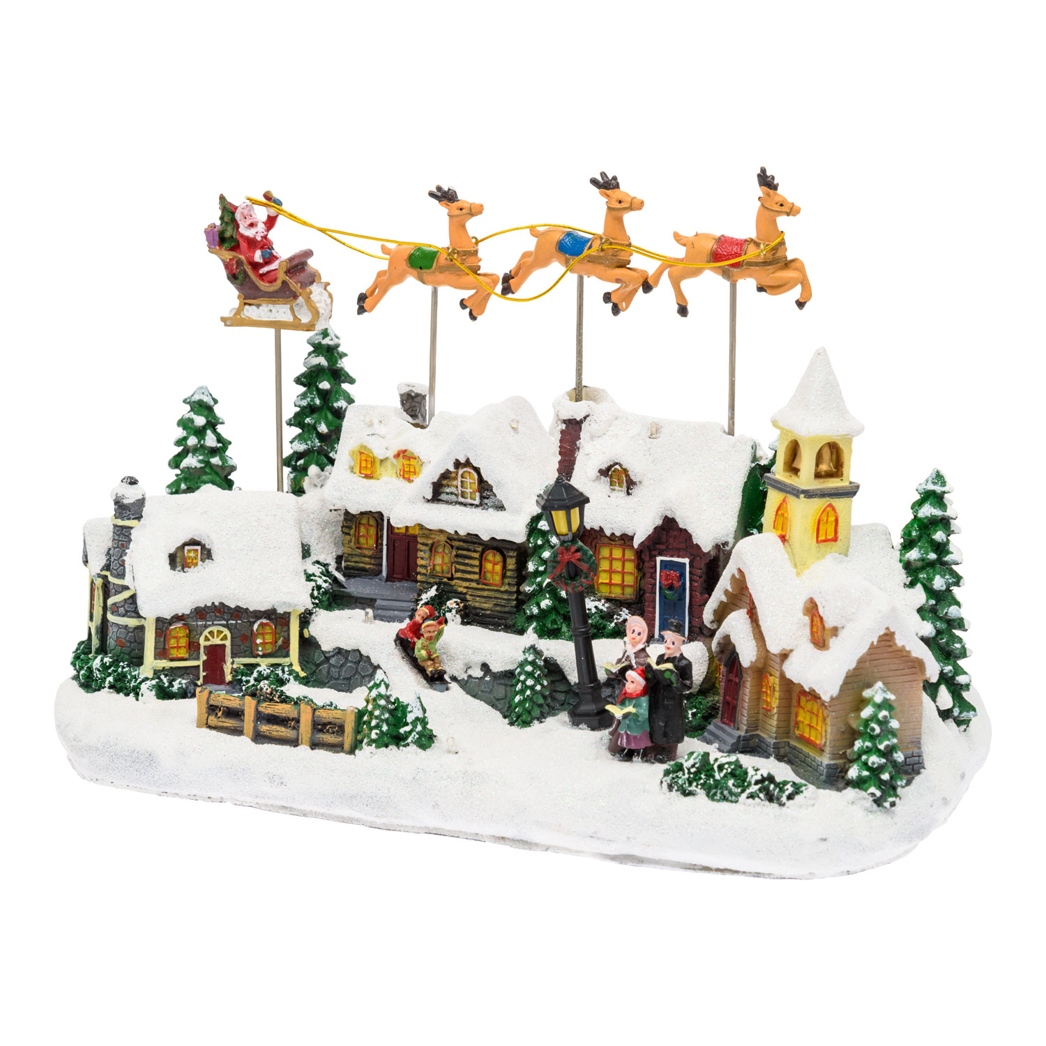 Village Enneigé avec Eglise et Père Noël sur Traîneau Volant avec Rennes en mouvement, h 23 cm, mélodies de Noël 3 Village Enneigé avec Eglise et Père Noël sur Traîneau Volant avec Rennes en mouvement, h 23 cm, mélodies de Noël 3