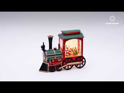 Lanterne Locomotive Vert-Rouge-Or avec paillettes scintillantes, h. 20 cm, LED blanc chaud, musiques de Noël 2