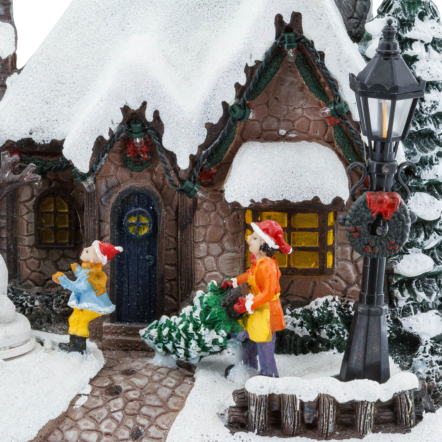Villaggio di Natale, Casa innevata nel Bosco con Pupazzo di Neve rotante, h 20 cm, musiche natalizie 3