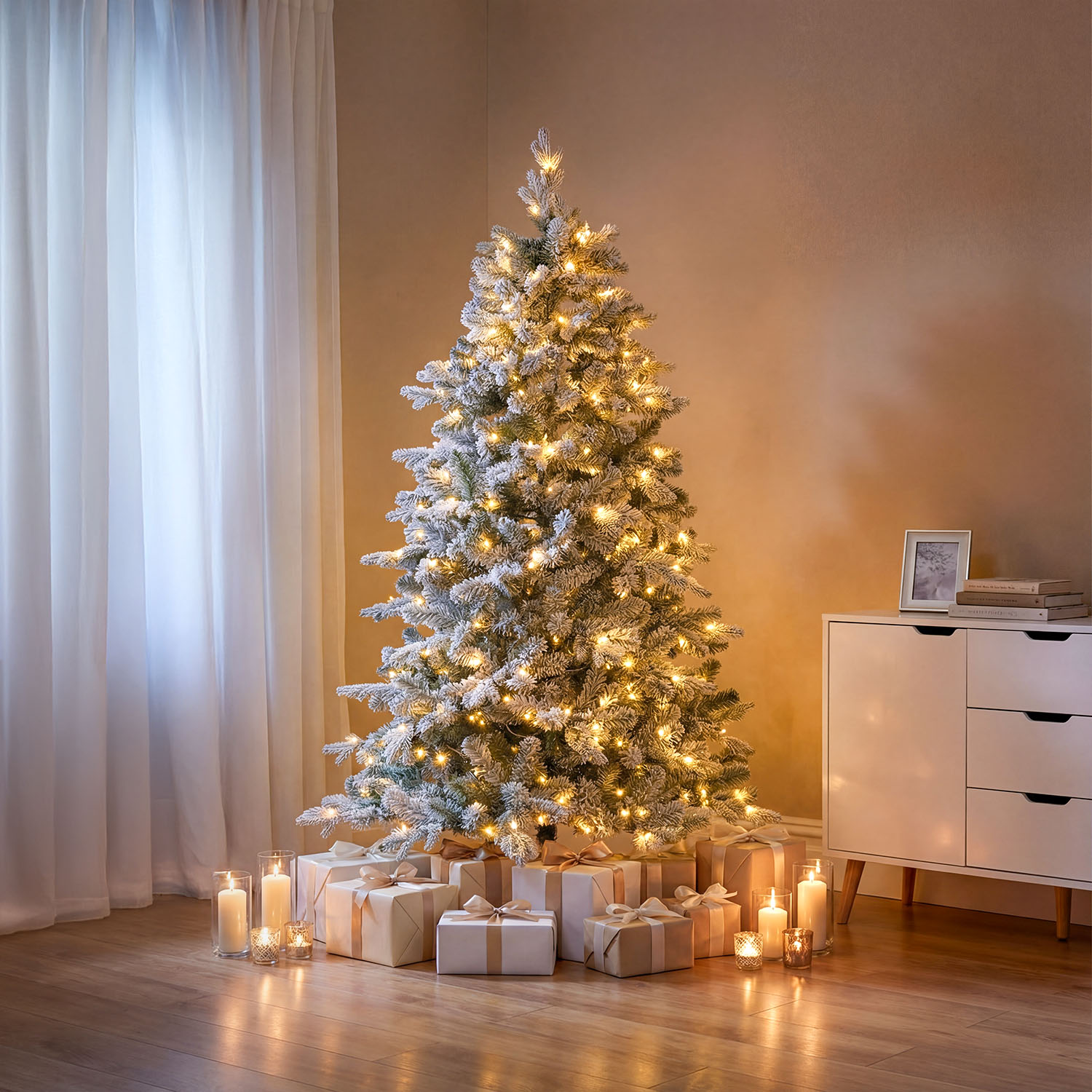 Flocked artificial pine Tree 180 cm, 360 warm white integrated LEDs