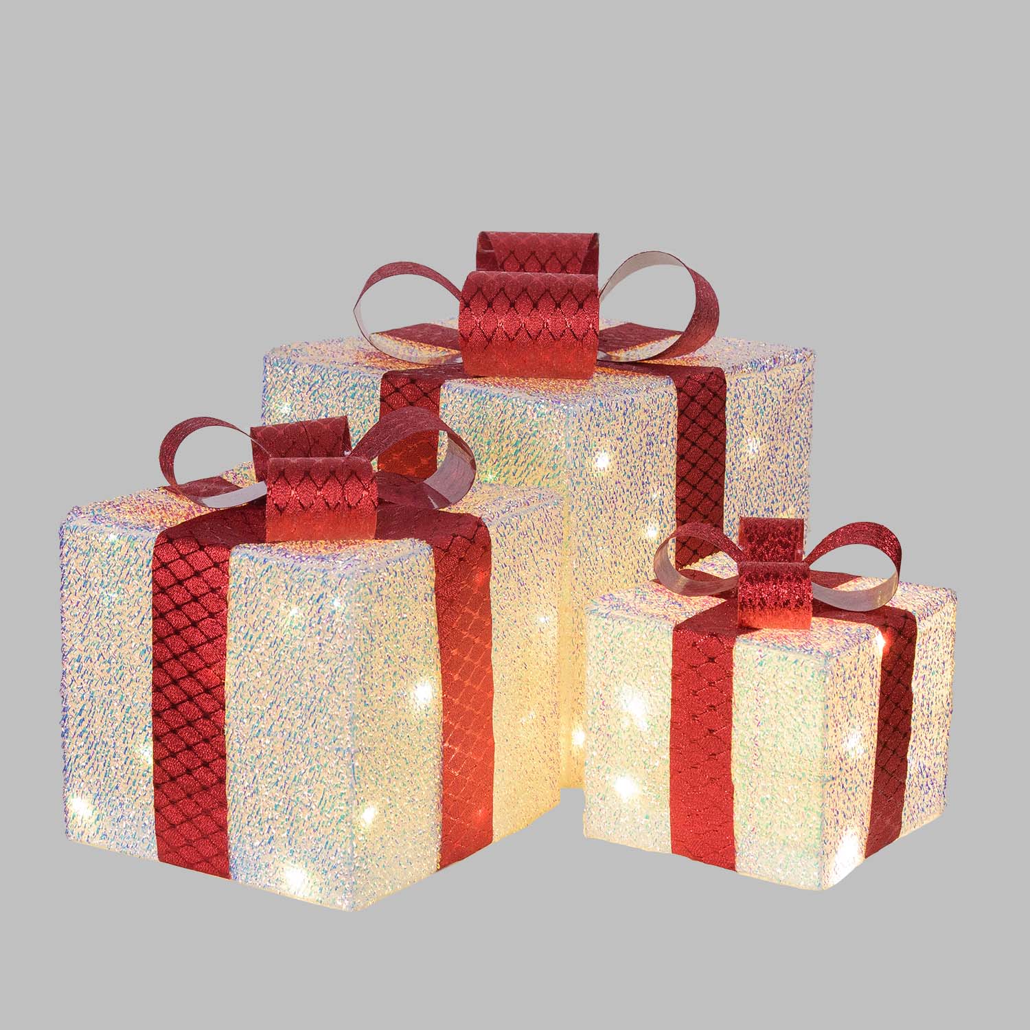Set de 3 Paquets-Cadeaux lumineux 3D en Tissu Blanc Irisé, LED blanc chaud, usage intérieur Set de 3 Paquets-Cadeaux lumineux 3D en Tissu Blanc Irisé, LED blanc chaud, usage intérieur