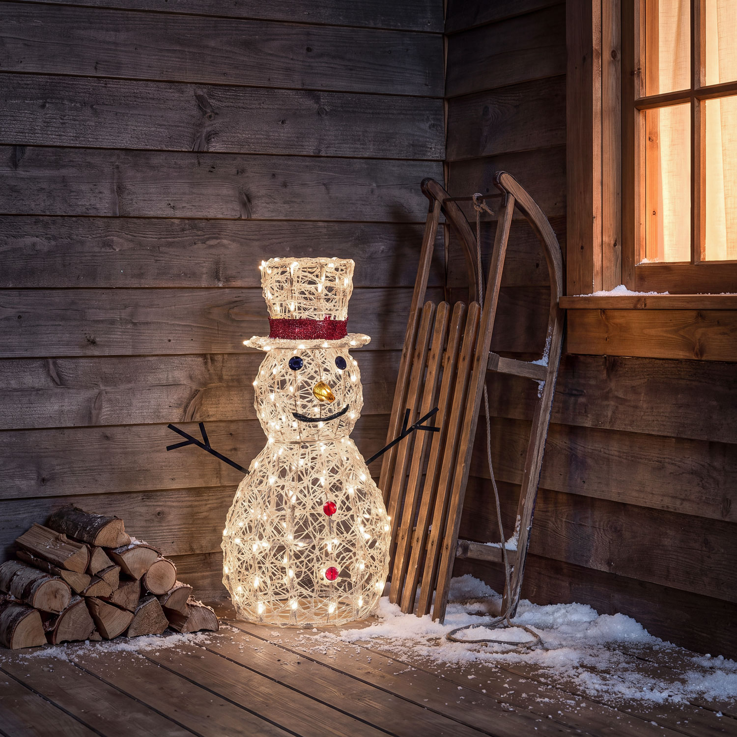 Muñeco de Nieve 3D acrílico transparente, h70 cm, 160 Dual LED blanco cálido y frío 13