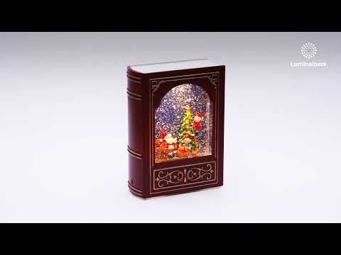 Lanterne Livre Bordeaux-Or avec paillettes scintillantes, h. 23 cm, LED blanc chaud, musiques de Noël 2