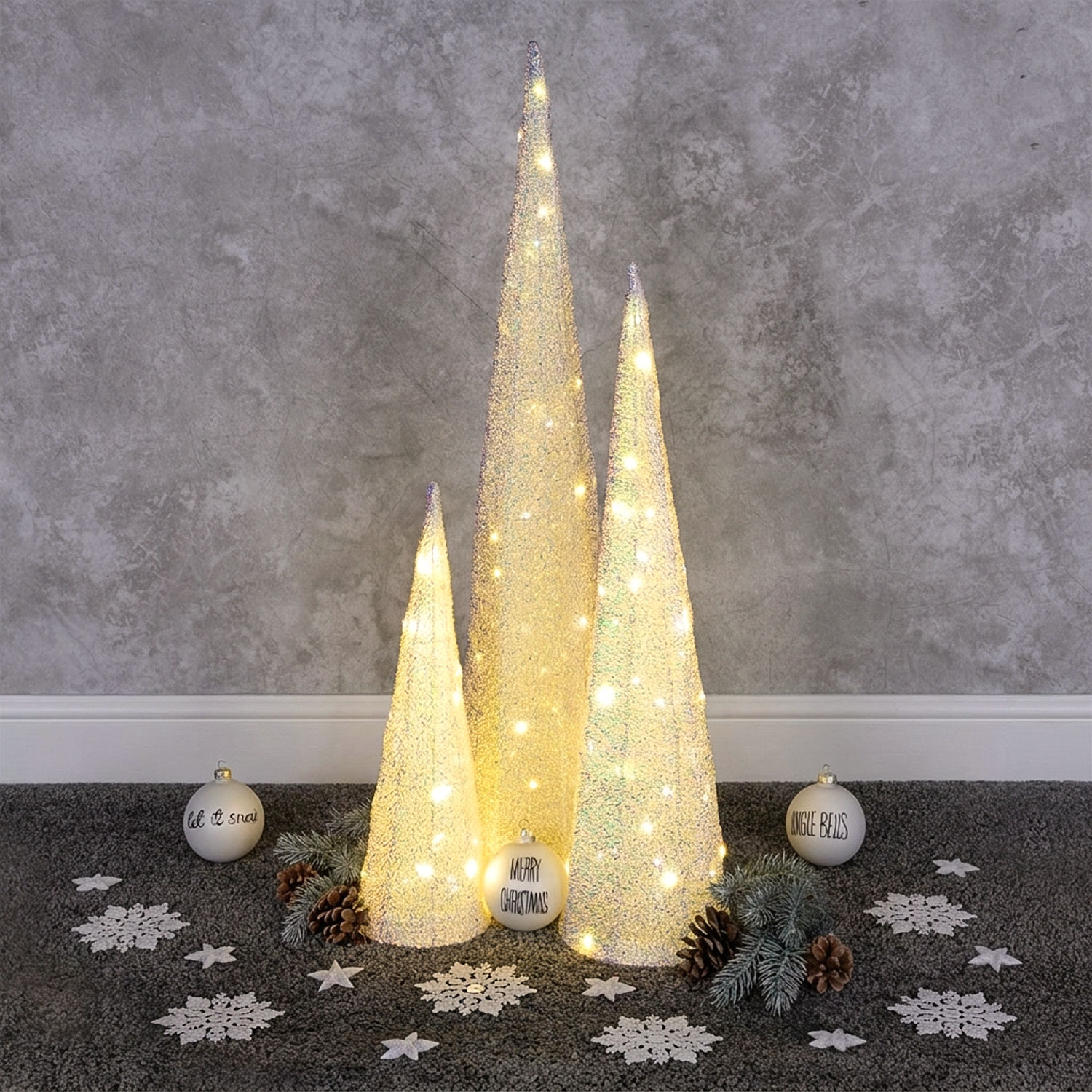 Set mit 3 3D-Kegeln aus irisierendem Gewebe, beleuchte, Warmweiß-LEDs, für Innenbereich