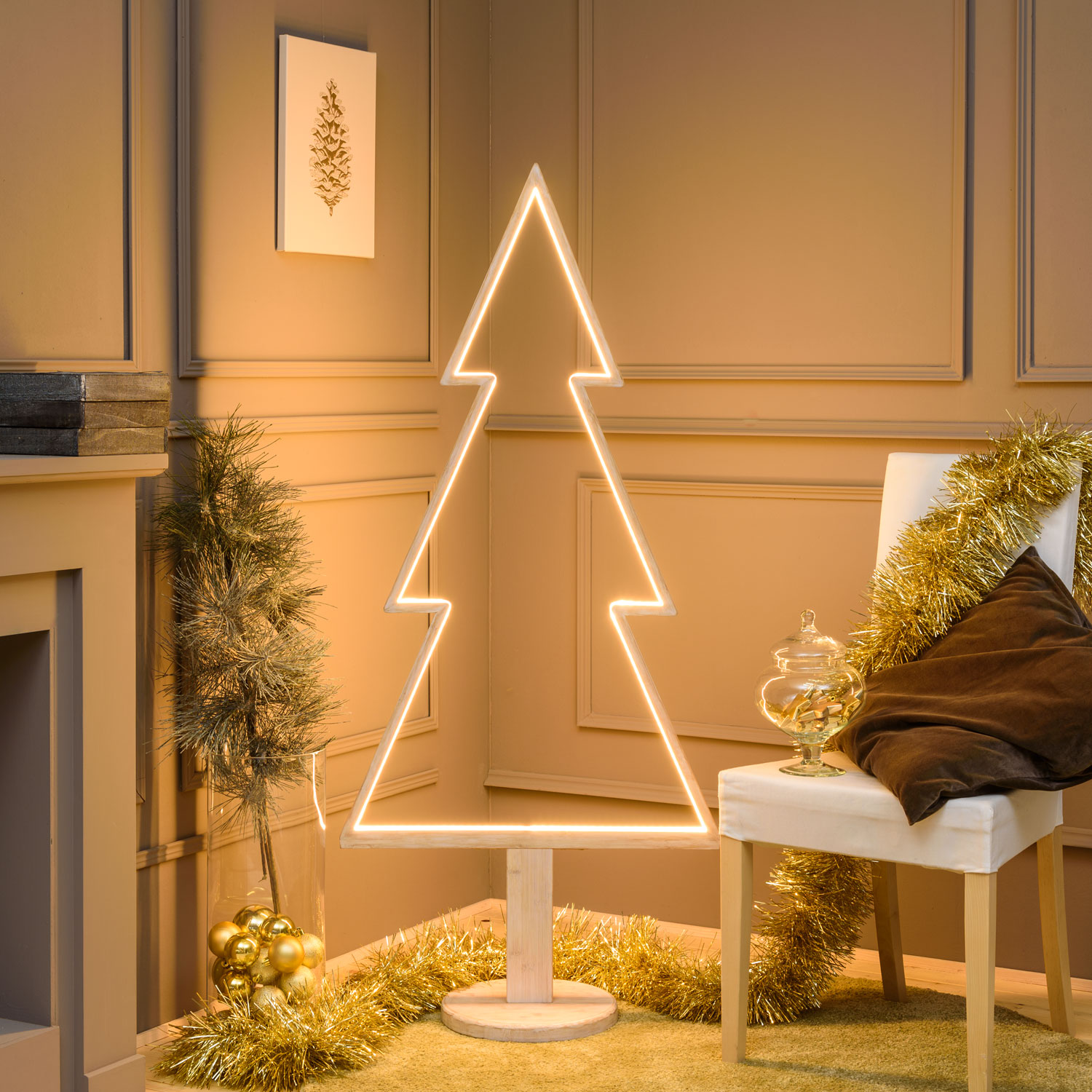 LED-Tannenbaum aus weißem Naturholz auf Fuß, 145 cm, RGB und warmweiß, Innenbereich 20 LED-Tannenbaum aus weißem Naturholz auf Fuß, 145 cm, RGB und warmweiß, Innenbereich 20