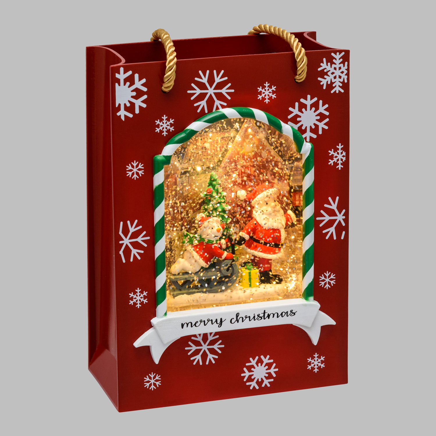 Bolsa regalo, rojo envejecido, árbol, Papá Noel y muñeco sobre trineo, led blanco cálido Bolsa regalo, rojo envejecido, árbol, Papá Noel y muñeco sobre trineo, led blanco cálido