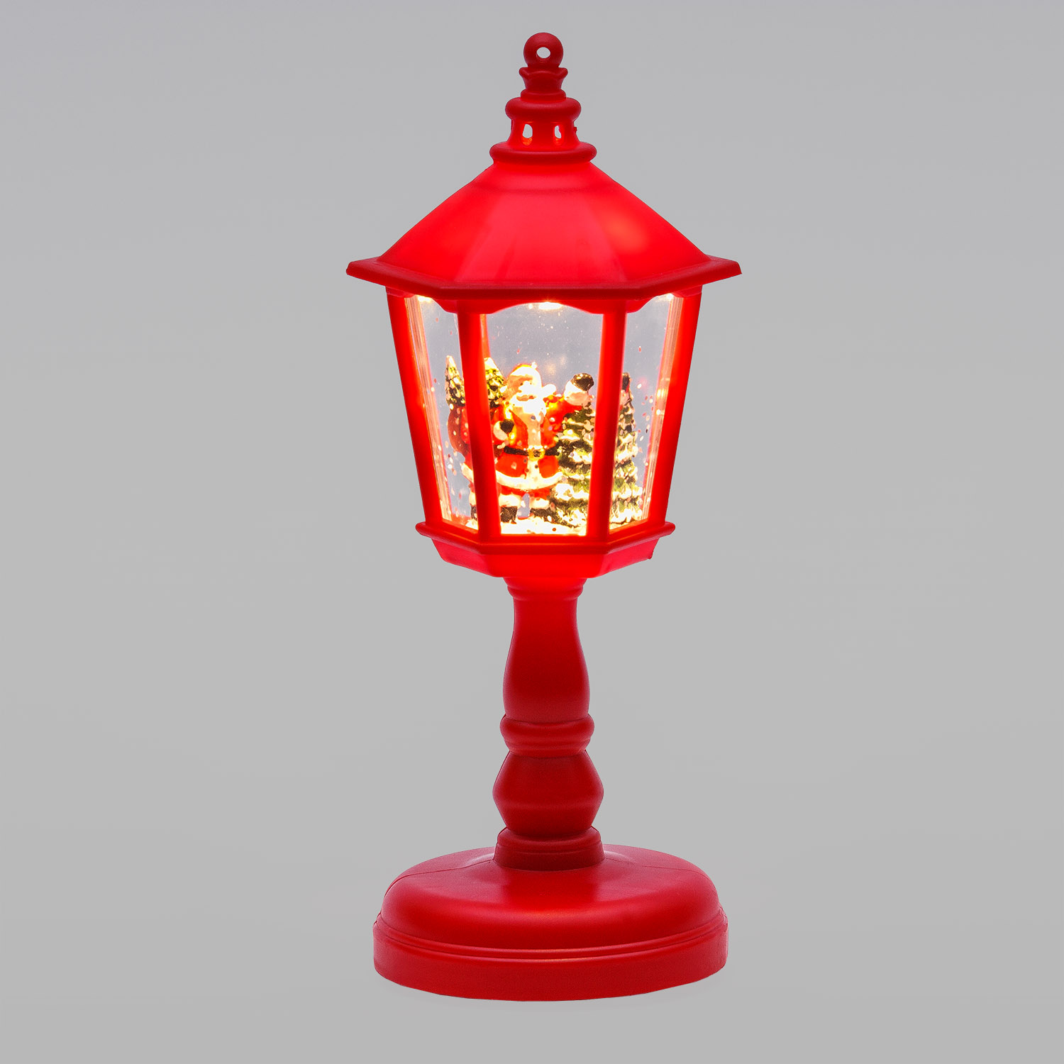 Lampione rosso, glitter scintillanti, h 21 cm, led bianco caldo, musiche natalizie 
